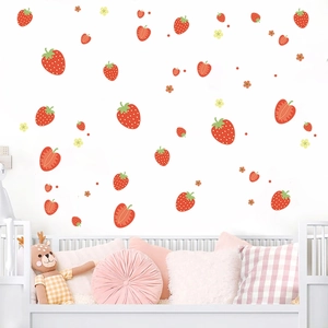 Cartoon strawberry and floral wall stickers for kids bedroom decor on white wall