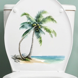 Watercolor Tropical Beach Coconut Tree Toilet Lid Sticker Waterproof PVC Bathroom Wall Decal Self Adhesive Art Mural