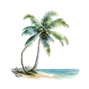 Waterproof beach palm tree bathroom wall sticker with ocean watercolor illustration
