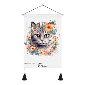 Detailed Bohemian cat tapestry with vibrant flowers, butterflies, and black tassels