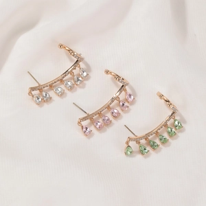 Elegant gold drop earrings with five colorful crystal tassels in white pink and green