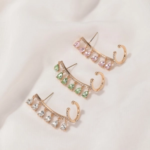 Elegant gold drop earrings with water-drop crystals and tassels in pink, green, and white