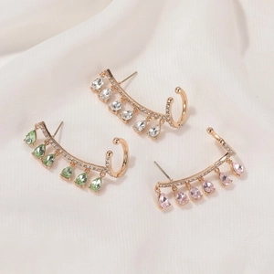 Waterdrop tassel earrings with crystal zircon in green, white, and pink on gold plating