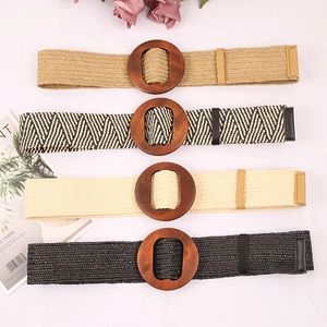 Woven Belt PP Straw Waistband With Round Wood Buckle Retro Bohemian Style For Women Dress Skirt Casual