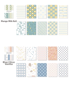 Close-up of geometric patterns and floral motifs on vintage material papers set