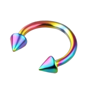 Rainbow stainless steel horseshoe piercing jewelry with cone spikes and metallic finish