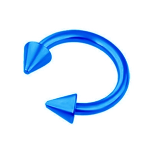 Detailed close-up of a blue stainless steel horseshoe circular barbell with cone ends
