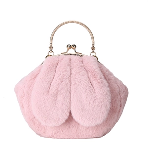 Cute pink plush bunny ear shell bag with golden metal handle and chain shoulder strap