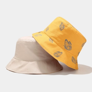 Chapeau bob réversible en coton pour femme, beige et jaune avec motifs papillon