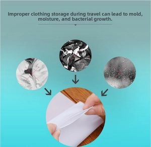 Detail of travel garment storage bag seal showing moisture-proof airtight zipper closure