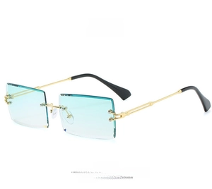 Detail view of square rimless sunglasses with light green lens and gold metal temples