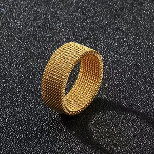 8mm golden mesh woven stainless steel ring with a wide geometric band design