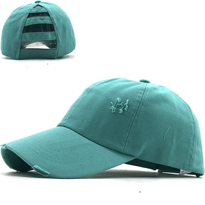 Distressed teal cotton baseball cap for women with triple ponytail hole back design