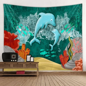Tapisserie murale thème océan avec dauphins de dessin animé et décor de récif corallien