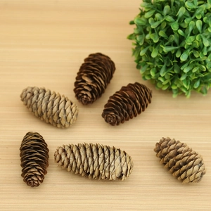 Natural brown pine cones of various sizes on wood background for DIY Christmas decor