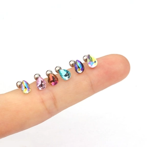 Set of six colorful teardrop zircon screw back stud earrings made of high-quality metal