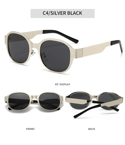 Three-angle view of silver metal sunglasses with black lenses and model C4 labels
