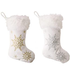 White velvet Christmas stockings with faux fur cuffs and pearl snowflake embroidery