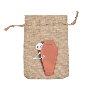 Halloween burlap drawstring bag featuring skull and coffin cartoon for gift packaging