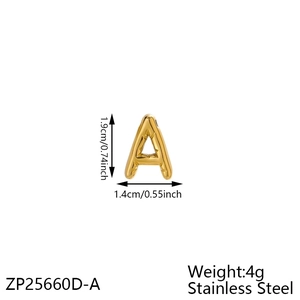 Golden stainless steel puffy bubble letter A pendant charm with size and weight info