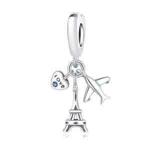 Detailed silver heart charm with airplane and Eiffel Tower engraving and 'love' text