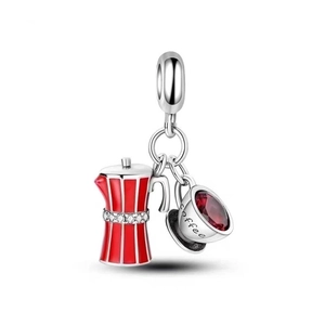 Detailed silver coffee pot charm with red enamel and heart gem for travel bracelets