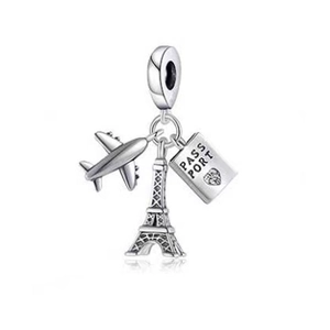 Silver travel charm bead with airplane, Eiffel Tower and passport pendant for DIY bracelets
