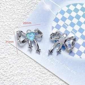 Silver bow heart pendant 20mm charm with blue center for DIY jewelry making