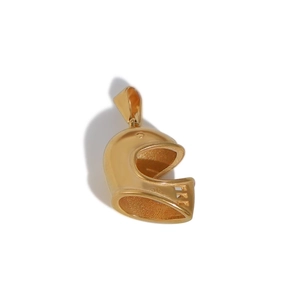 Detail of a golden stainless steel helmet pendant for fitness enthusiasts on white background
