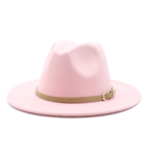 Klassischer rosa Wollfilzhut mit braunem Lederband und goldener Schnalle für Damen
