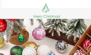 Detailed view of assorted Christmas ornaments with glitter patterns and matte finishes