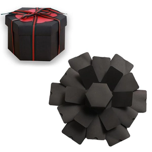 Black hexagonal DIY explosion gift box with red ribbon for Valentine's Day or proposals