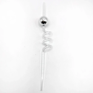 Detail showing a silver disco ball ornament on a transparent spiral plastic straw