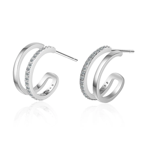 Elegant silver C-shaped double hoop earrings with sparkling cubic zirconia on white background