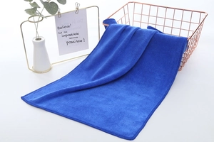 Detail of dark blue microfiber car towel draped over a basket in a home setting
