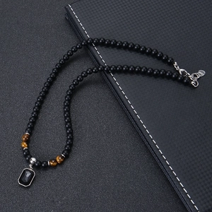 Retro Beaded Necklace Natural Tiger Eye Matte Stone Stainless Steel Rectangle Pendant Hip Hop Jewelry Men Women