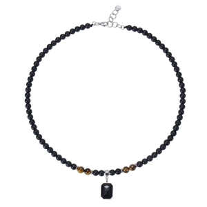 Beaded necklace with black rectangular gemstone pendant and brown tiger eye stones