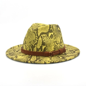 Close-up of bright yellow snakeskin pattern felt hat with brown suede belt and buckle
