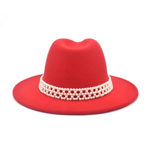 Red wool fedora hat for women with elegant white pearl woven decorative headband