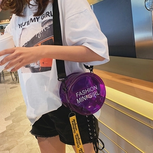 Purple laser transparent round PVC crossbody bag with yellow strap detail for women