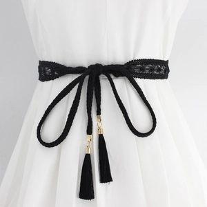 Women Braided Waist Rope Belt With Lace Flower Tassel Cotton Thread Decorative Dress Waistband Bohemian Style