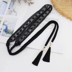 Bohemian black braided waist rope with gold metal accents and stylish double tassels