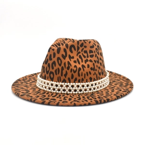 Chapeau Fedora Léopard Femme En Laine Avec Bande De Künstliche Perles Chapeau De Jazz À Bord Large Mode Élégant Accessoire De Voyage