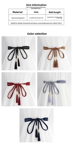 Size chart and details of handmade woven waist rope with tassels and lace for dresses