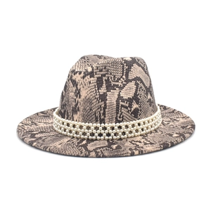 Detail view of snakeskin pattern wool fedora hat with triple-row pearl beaded band decoration