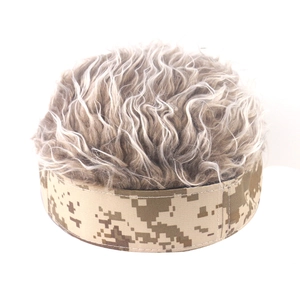 Detail of creative camouflage wig hat featuring brown curly synthetic hair and digital print