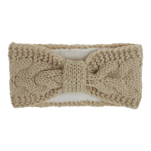 Detailed view of winter cable knit headband with warm fleece lining and bow design
