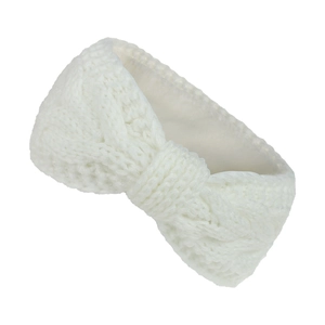 Detail of white cable knit headband with twist knot design and thermal fleece lining