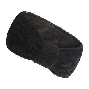 Detail of black cable knit headband showing warm brown faux fur lining and twist knot