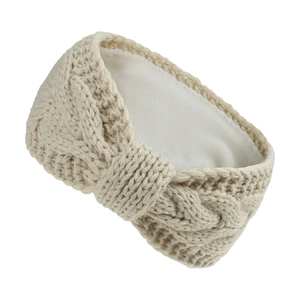 Detail of beige cable knit headband with warm fleece lining and elegant twist knot design